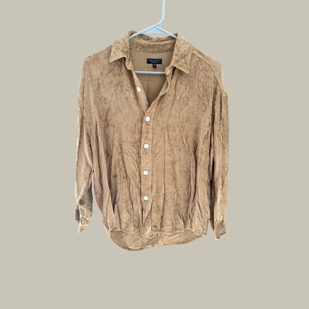 Rag & Bone Womens XS Camel Tan Ribbed Viscose‎ Corduroy Button Down Shirt
